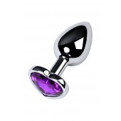 Серебристая коническая анальная пробка с фиолетовым кристаллом-сердечком - 7 см. - ToyFa - купить с доставкой в Стерлитамаке