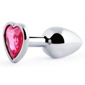 Серебристая анальная пробка с малиновым кристаллом-сердечком - 7 см. - Anal Jewelry Plug - купить с доставкой в Стерлитамаке