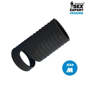 Черная открытая насадка на пенис с кольцом для мошонки size M - 7,9 см. - Sex Expert - в Стерлитамаке купить с доставкой