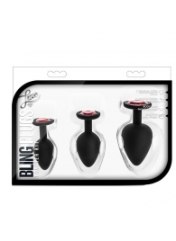 Набор черных анальных пробок с красным кристаллом-сердечком Bling Plugs Training Kit - Blush Novelties - купить с доставкой в Стерлитамаке