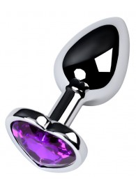 Серебристая коническая анальная пробка с фиолетовым кристаллом-сердечком - 7 см. - ToyFa - купить с доставкой в Стерлитамаке