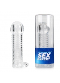 Прозрачная рельефная насадка-реалистик с петлей для мошонки - 13,5 см. - Sex Expert - в Стерлитамаке купить с доставкой