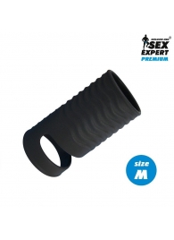 Черная открытая насадка на пенис с кольцом для мошонки size M - 7,9 см. - Sex Expert - в Стерлитамаке купить с доставкой