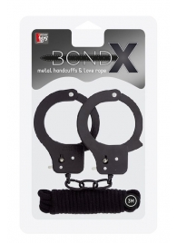 Чёрные наручники из листового металла в комплекте с веревкой BONDX METAL CUFFS LOVE ROPE SET - Dream Toys - купить с доставкой в Стерлитамаке