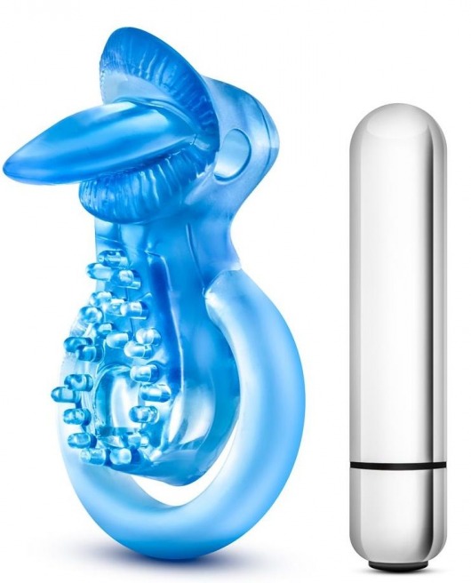 Голубое эрекционное виброкольцо 10 Function Vibrating Tongue Ring - Blush Novelties - в Стерлитамаке купить с доставкой