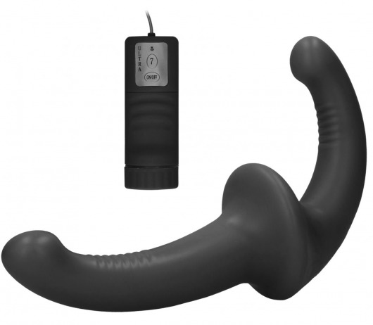 Черный безремневой вибрострапон с пультом управления Vibrating Silicone Strapless Strapon - Shots Media BV - купить с доставкой в Стерлитамаке