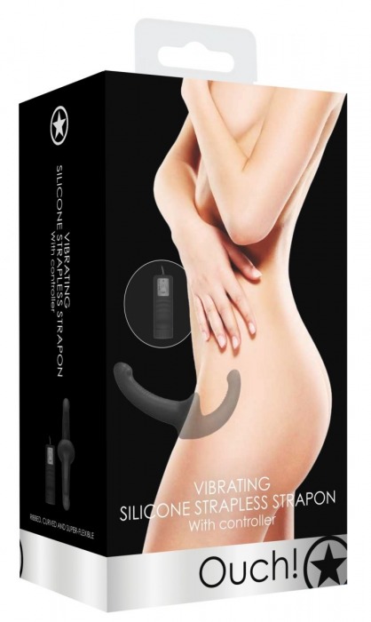 Черный безремневой вибрострапон с пультом управления Vibrating Silicone Strapless Strapon - Shots Media BV - купить с доставкой в Стерлитамаке
