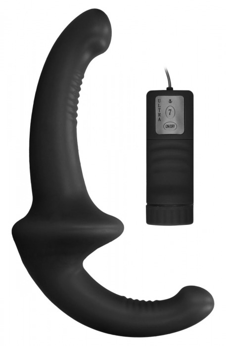 Черный безремневой вибрострапон с пультом управления Vibrating Silicone Strapless Strapon - Shots Media BV - купить с доставкой в Стерлитамаке