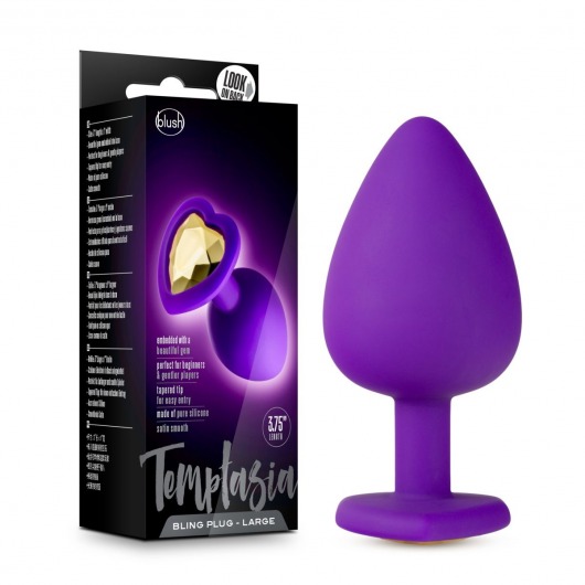Фиолетовая анальная пробка Bling Plug Large с золотистым стразом - 9,5 см. - Blush Novelties - купить с доставкой в Стерлитамаке