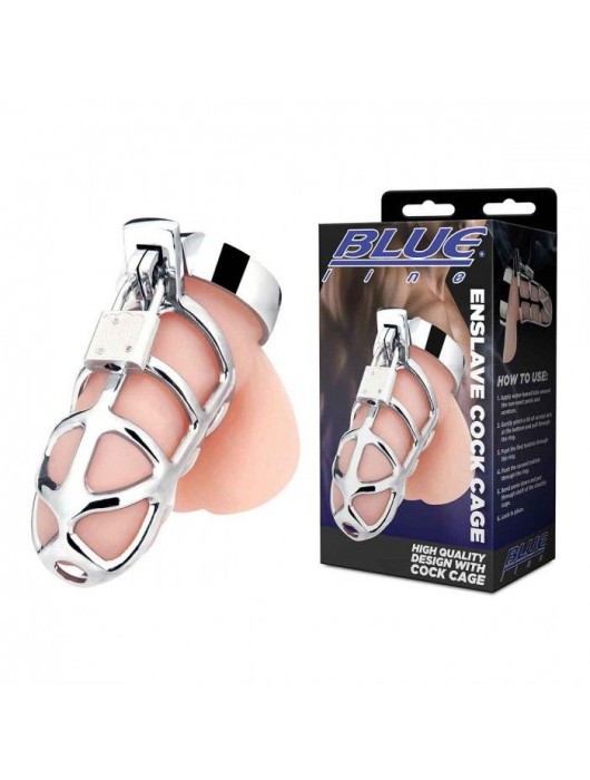 Серебристая металлическая клетка для члена с замком Enslave Cock Cage - BlueLine - купить с доставкой в Стерлитамаке