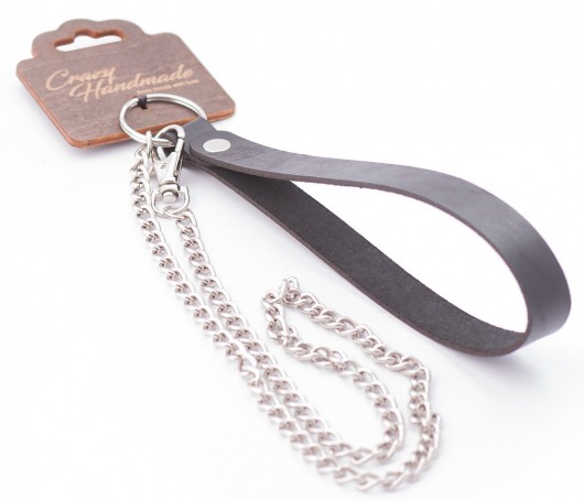 Серебристый металлический поводок с кожаной черной ручкой - 80 см. - Crazy Handmade - купить с доставкой в Стерлитамаке