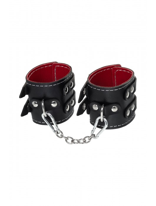 Черные кожаные наручники с двумя ремнями и красной подкладкой - Pecado - купить с доставкой в Стерлитамаке
