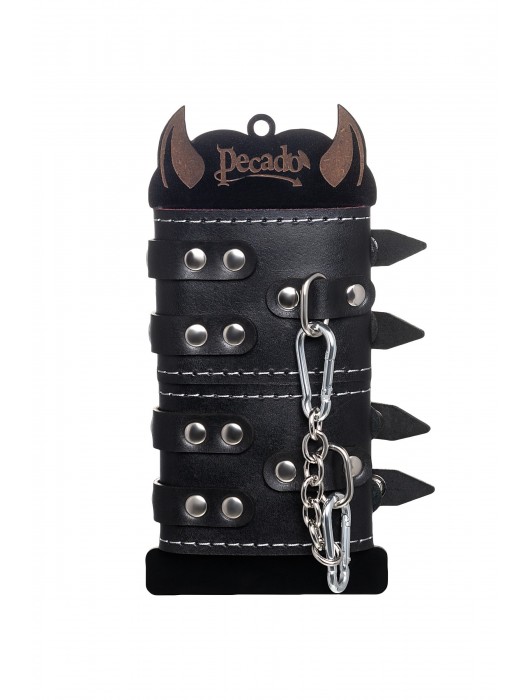 Черные кожаные наручники с двумя ремнями и красной подкладкой - Pecado - купить с доставкой в Стерлитамаке