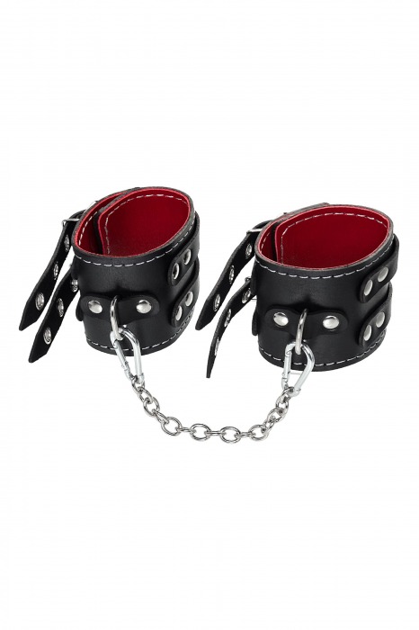 Черные кожаные оковы с двумя ремнями и красной подкладкой - Pecado - купить с доставкой в Стерлитамаке