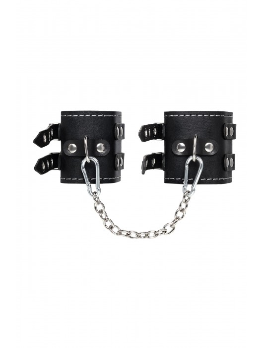 Черные кожаные оковы с двумя ремнями и красной подкладкой - Pecado - купить с доставкой в Стерлитамаке