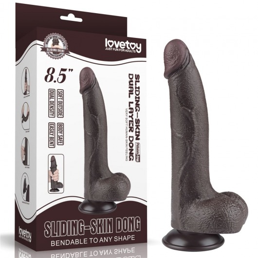 Коричневый фаллоимитатор с мошонкой 8.5 Sliding Skin Dual Layer Dong на присоске - 22 см. - Lovetoy