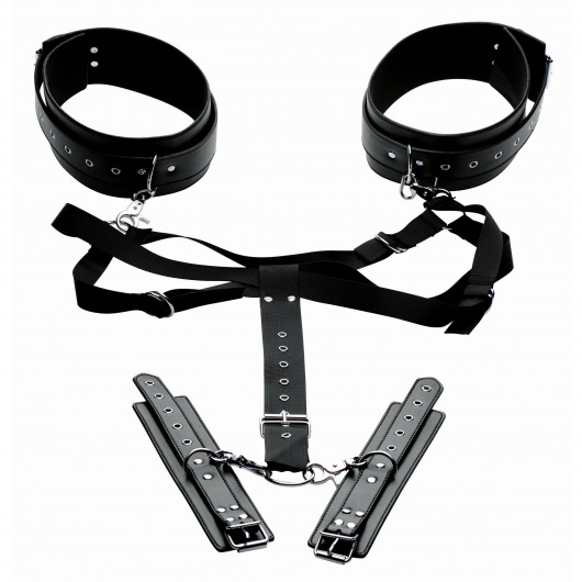 Черная бондажная система Acquire Easy Access Thigh Harness with Wrist Cuffs - XR Brands - купить с доставкой в Стерлитамаке