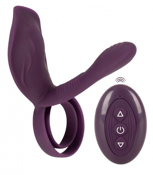 Фиолетовая насадка на член с клиторальным отростком и пультом ДУ RC Couple’s Vibrator 2 - Orion - в Стерлитамаке купить с доставкой
